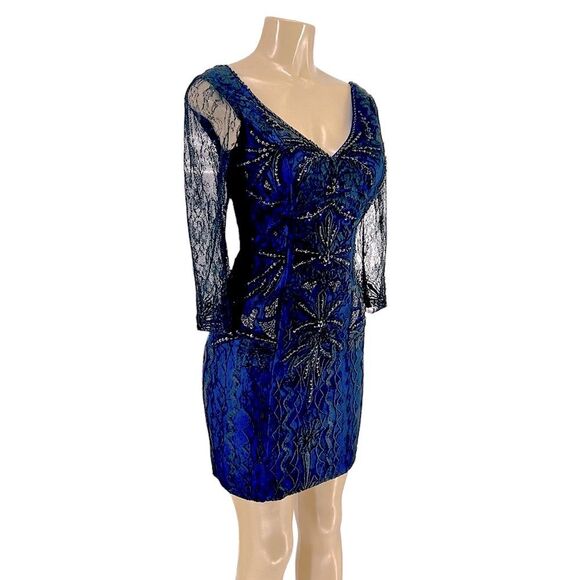 Sue Wong 3/4 SLEEVE V-NECK BEADED ROYAL BLUE & BLACK LACE COCKTAIL DRESS SIZE 4 - Picture 1 of 15